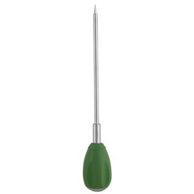 Lenke-style bone awl 9.5 inch with green silicone teardrop handle and diamond tip on white background