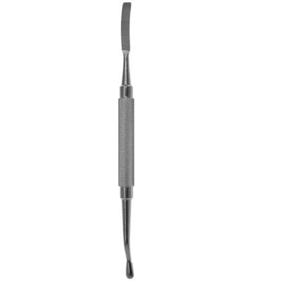 Double ended bone file 7 inch with 5mm curved-up and straight serrated ends surgical instrument on white background