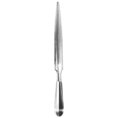 Bone File with 23mm convex/flat surfaces and tapered 6mm tip, surgical-grade stainless steel on white background