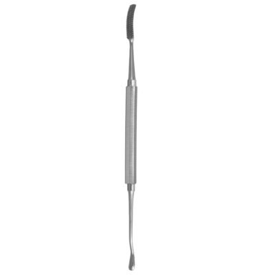 Miller Colburn Bone File #2 double ended 7.5 inch 5mm curved up and 4.5mm straight oval cross serrated stainless steel surgical instrument on white background