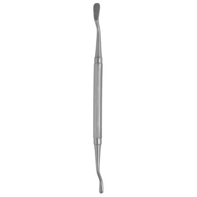 Miller Colburn Bone File #1 double ended 7 inch 5mm and 7mm straight downcutting oval serrated stainless steel surgical instrument on white background