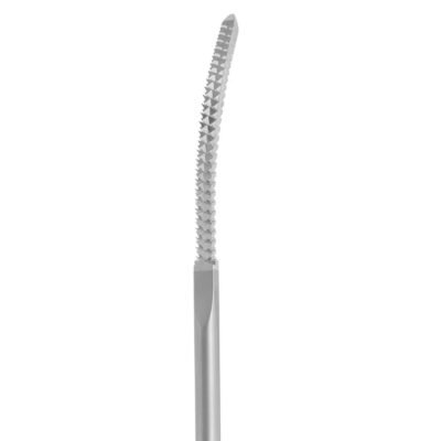 Femoral Canal Finder 11″ with curved topside rasp, smooth underside, and ergonomic T-handle on white background.