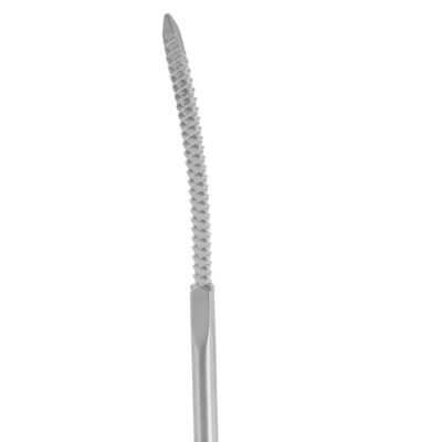 Femoral Canal Finder, 11″ curved underside rasp with smooth topside and T-handle, stainless steel, on white background