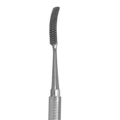 Miller Colburn Bone File #2 double ended 7.5 inch 5mm curved up and 4.5mm straight oval cross serrated stainless steel surgical instrument on white background