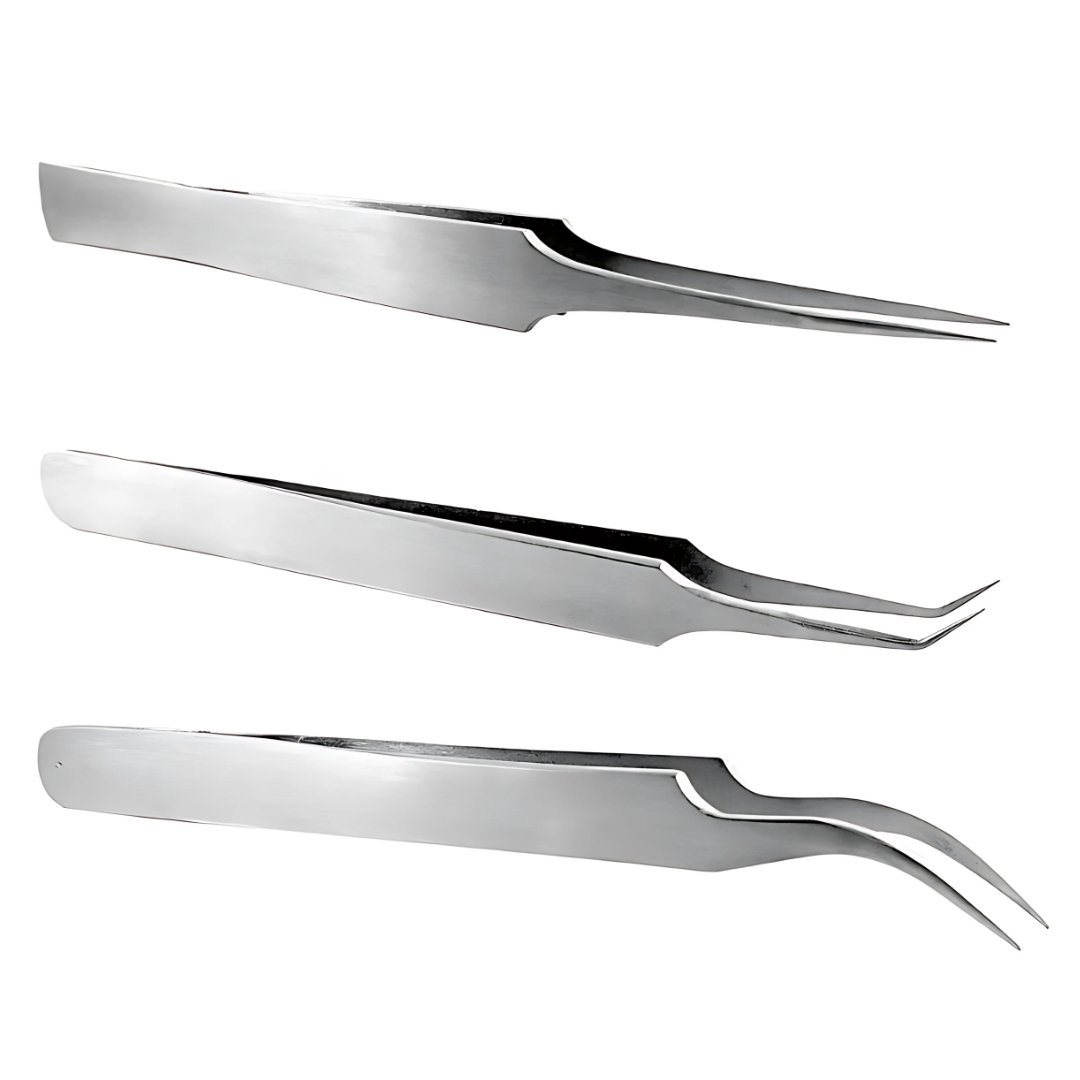 Kynea Surgical Hair Transplant Forceps Pack of 3 – Straight, Angular, Curved for FUE Hair Restoration on white background