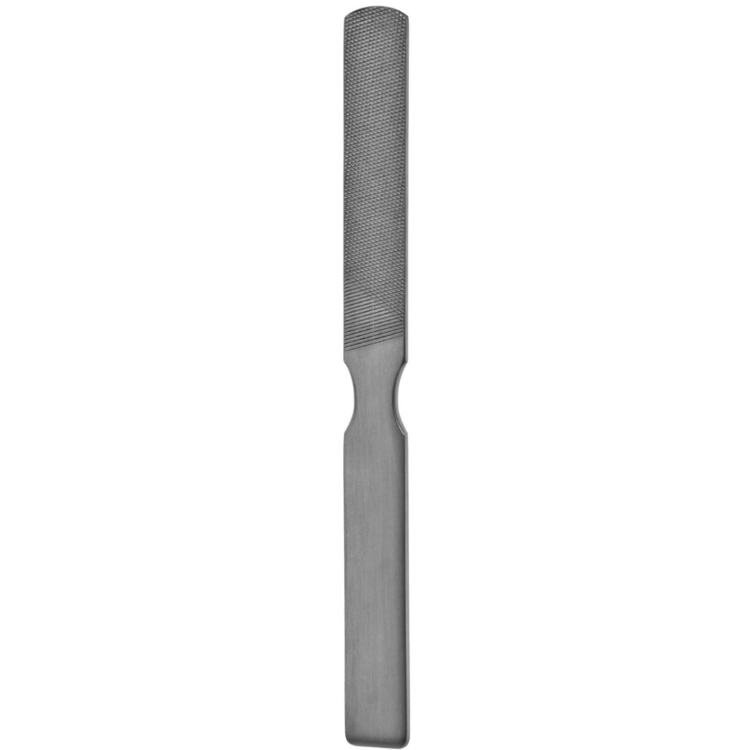 Bone File/Rasp 8.5-inch with 18mm fine and coarse serrations, dual-sided stainless steel surgical instrument on white background