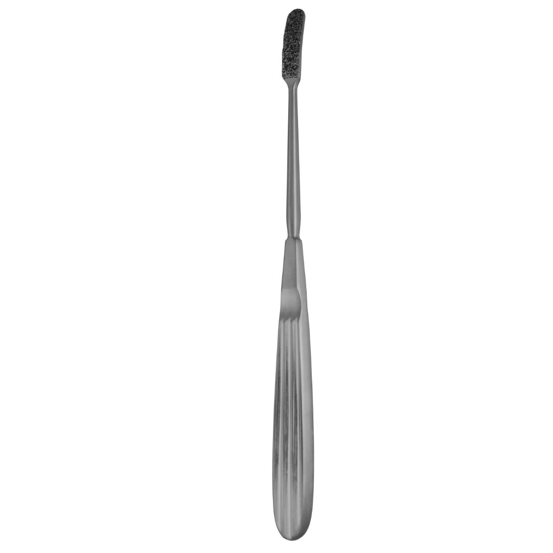 Diamond Nose Rasp – Single Ended 7 1/2″, 7mm x 25mm Curved surgical instrument on white background, Kynea Surgical