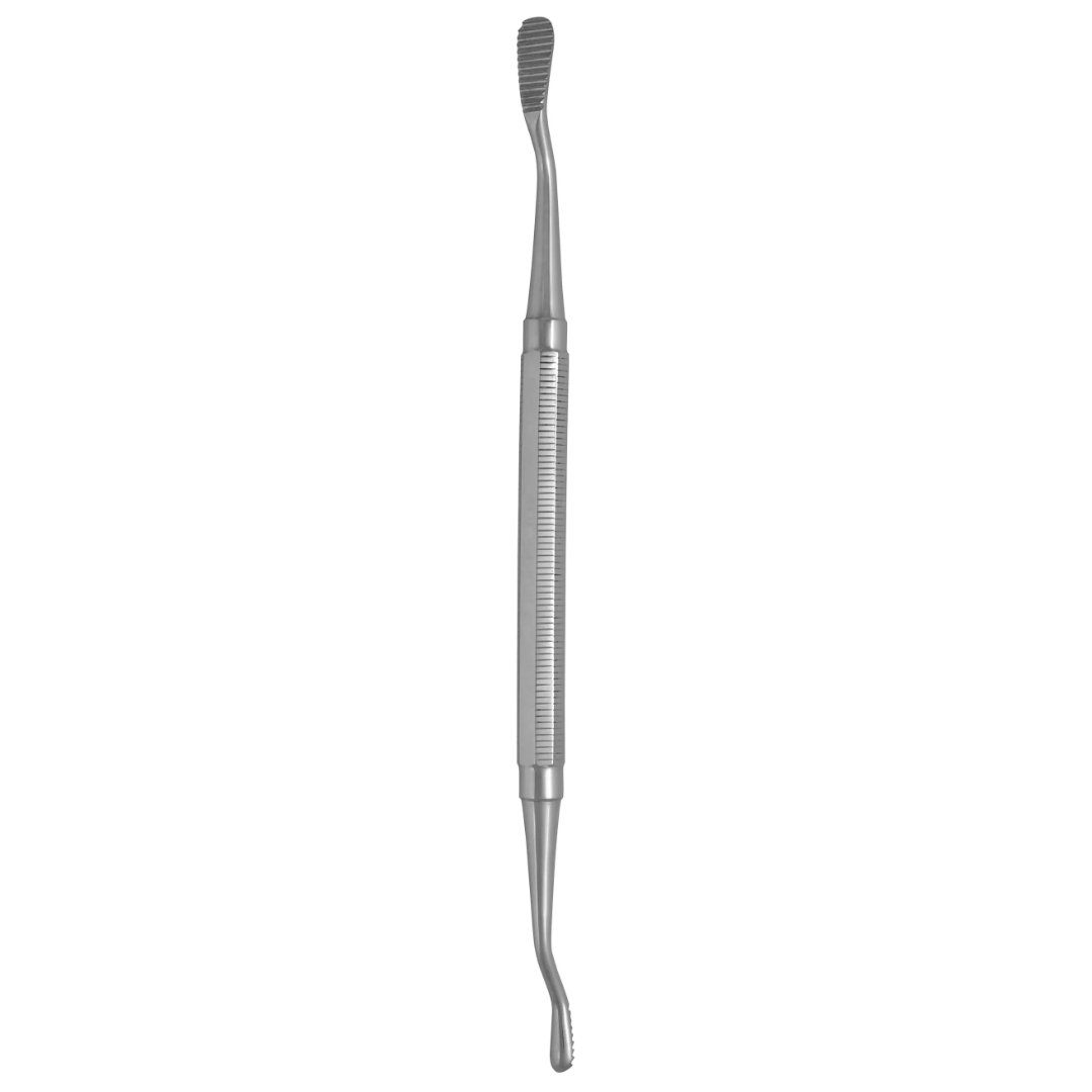 Miller Colburn Bone File #1 double ended 7 inch 5mm and 7mm straight downcutting oval serrated stainless steel surgical instrument on white background