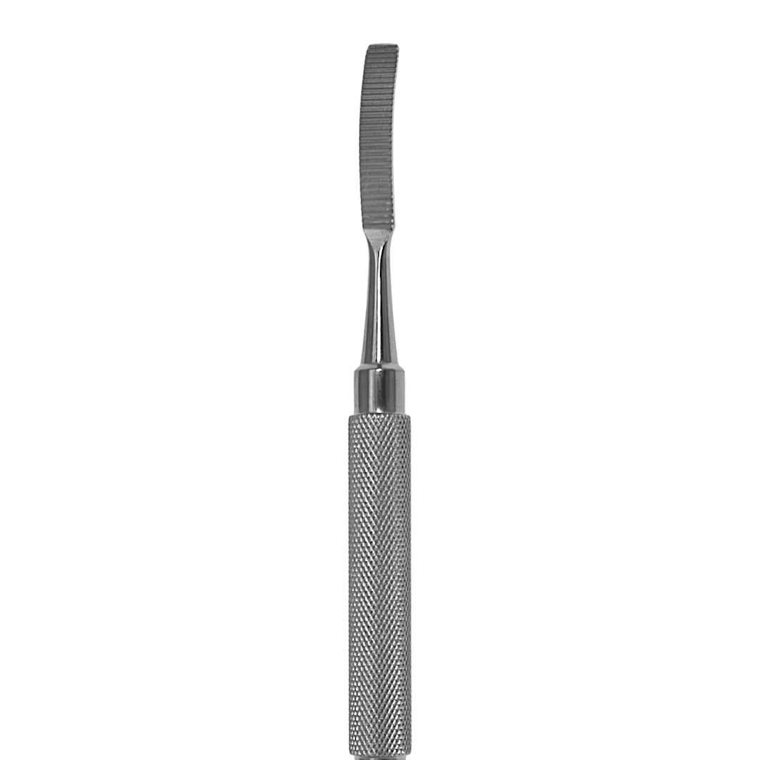 Double ended bone file 7 inch with 5mm curved-up and straight serrated ends surgical instrument on white background