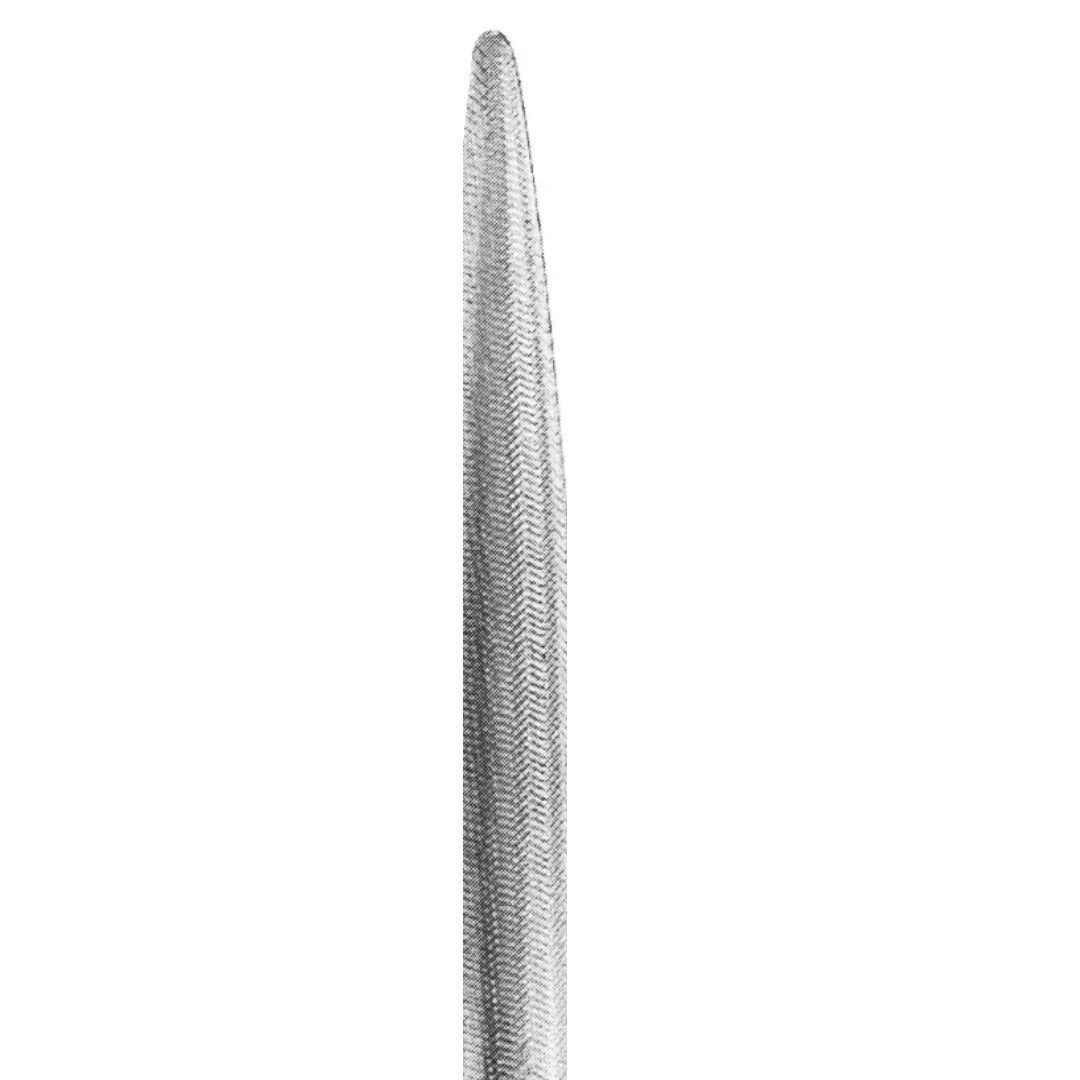 Bone File with 23mm convex/flat surfaces and tapered 6mm tip, surgical-grade stainless steel on white background