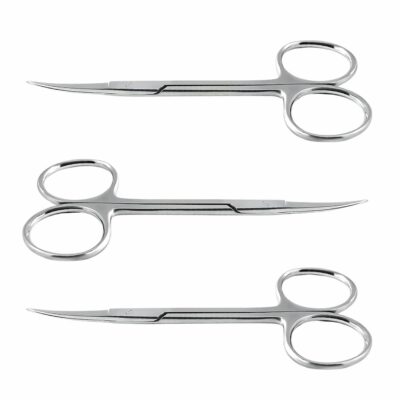 Kynea Surgical stainless steel curved iris gum scissors set of 3 for dental, tissue, and veterinary surgical use.