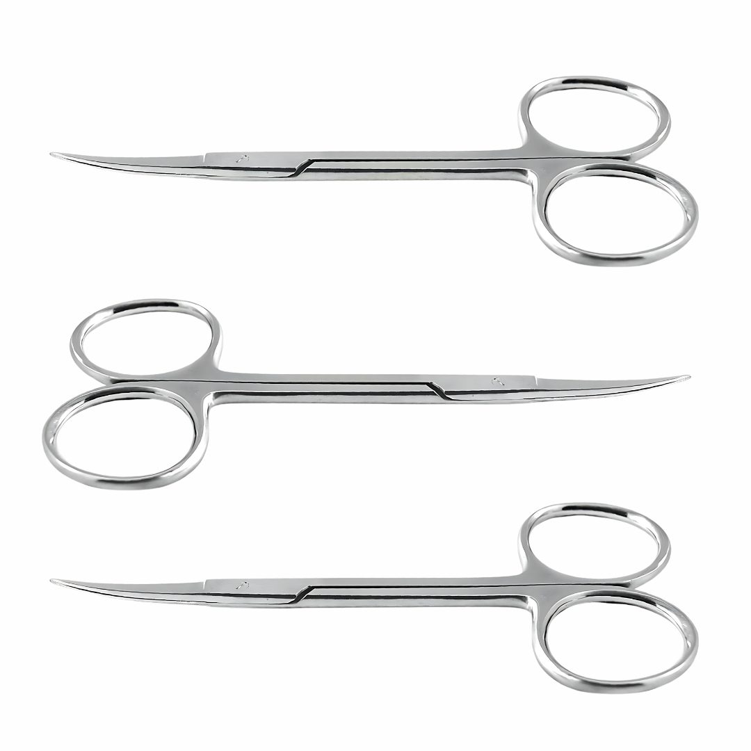 Kynea Surgical stainless steel curved iris gum scissors set of 3 for dental, tissue, and veterinary surgical use.