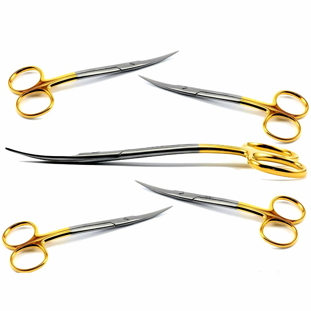 Kynea Surgical 11cm curved TC Lagrange shears, 5-piece set for dental gum and microsurgical procedures.
