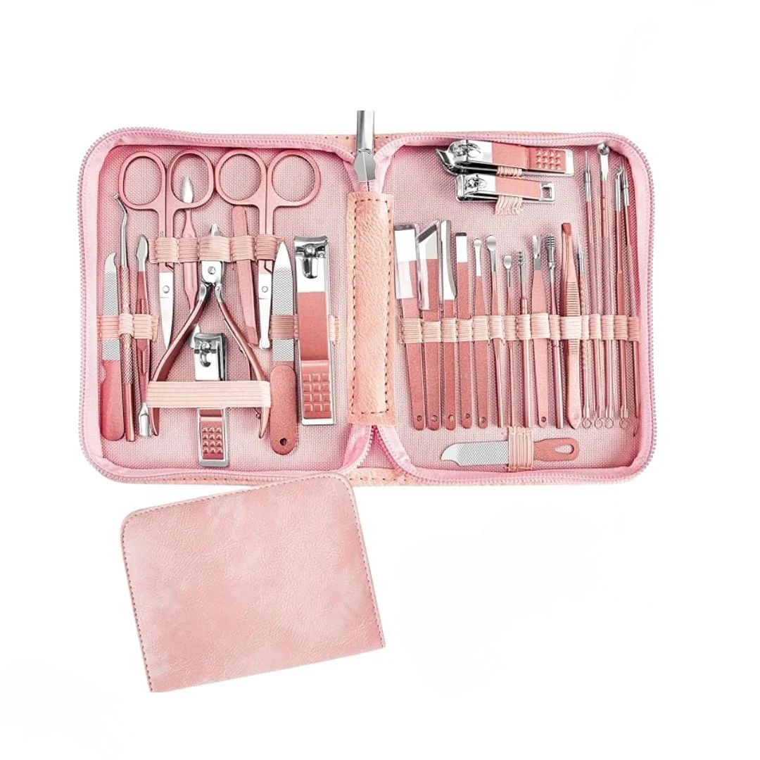 Shop the 30-in-1 Pink Manicure & Pedicure Set by Kynea Surgical. A complete stainless steel grooming kit in a compact pink travel case—ideal for home, salon, or travel use.