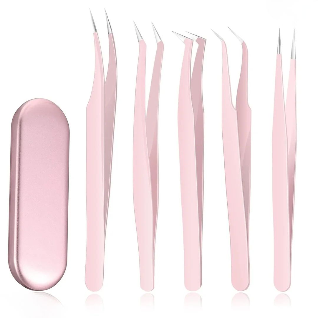 5 Pcs Eyelash Extension Tweezers Set | Pink Volume Lash Tweezers by Kynea Surgical
