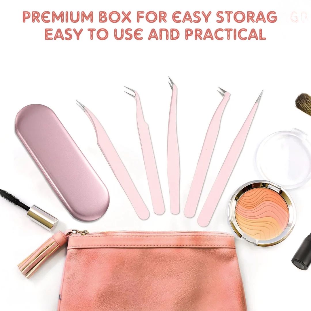 5 Pcs Eyelash Extension Tweezers Set | Pink Volume Lash Tweezers by Kynea Surgical