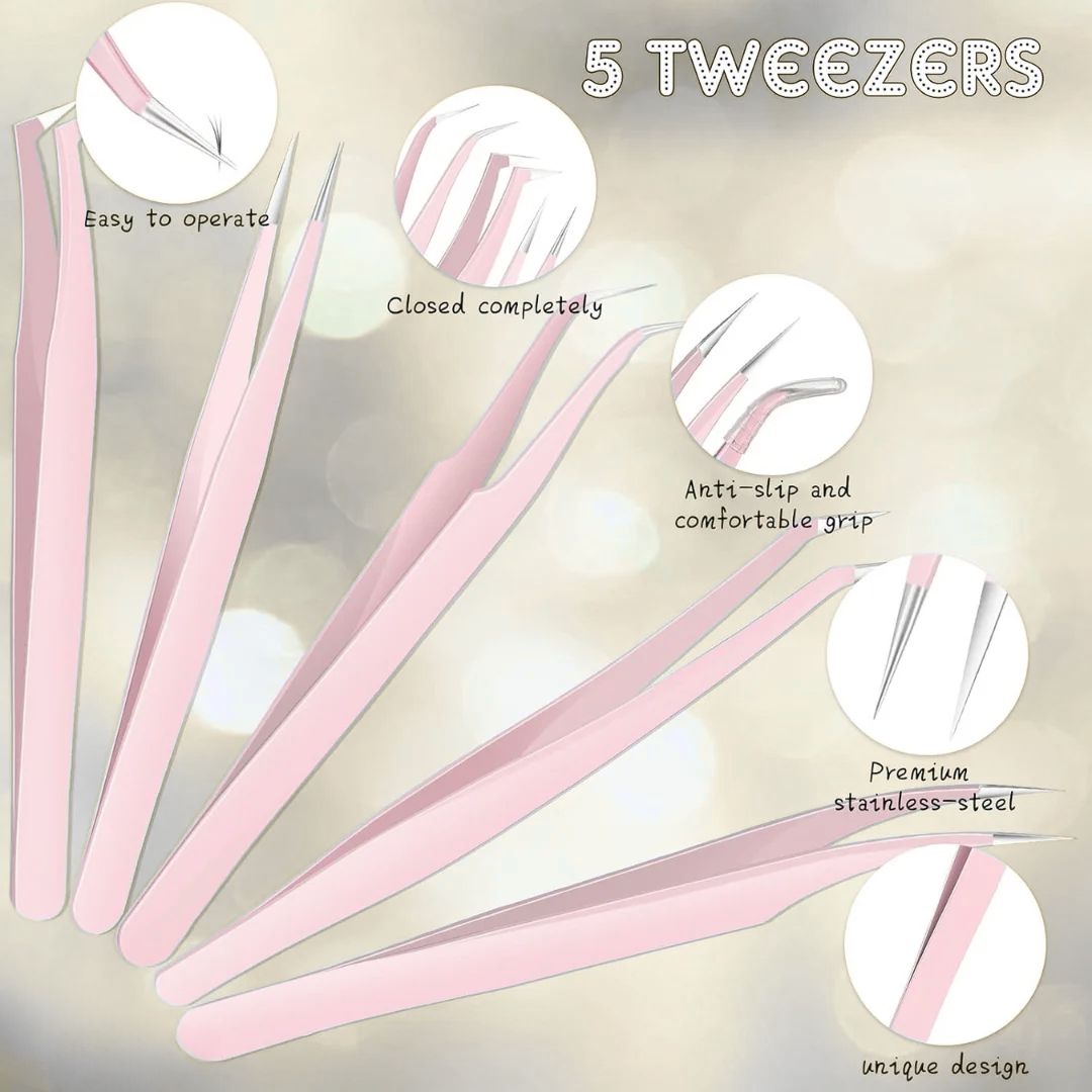 5 Pcs Eyelash Extension Tweezers Set | Pink Volume Lash Tweezers by Kynea Surgical