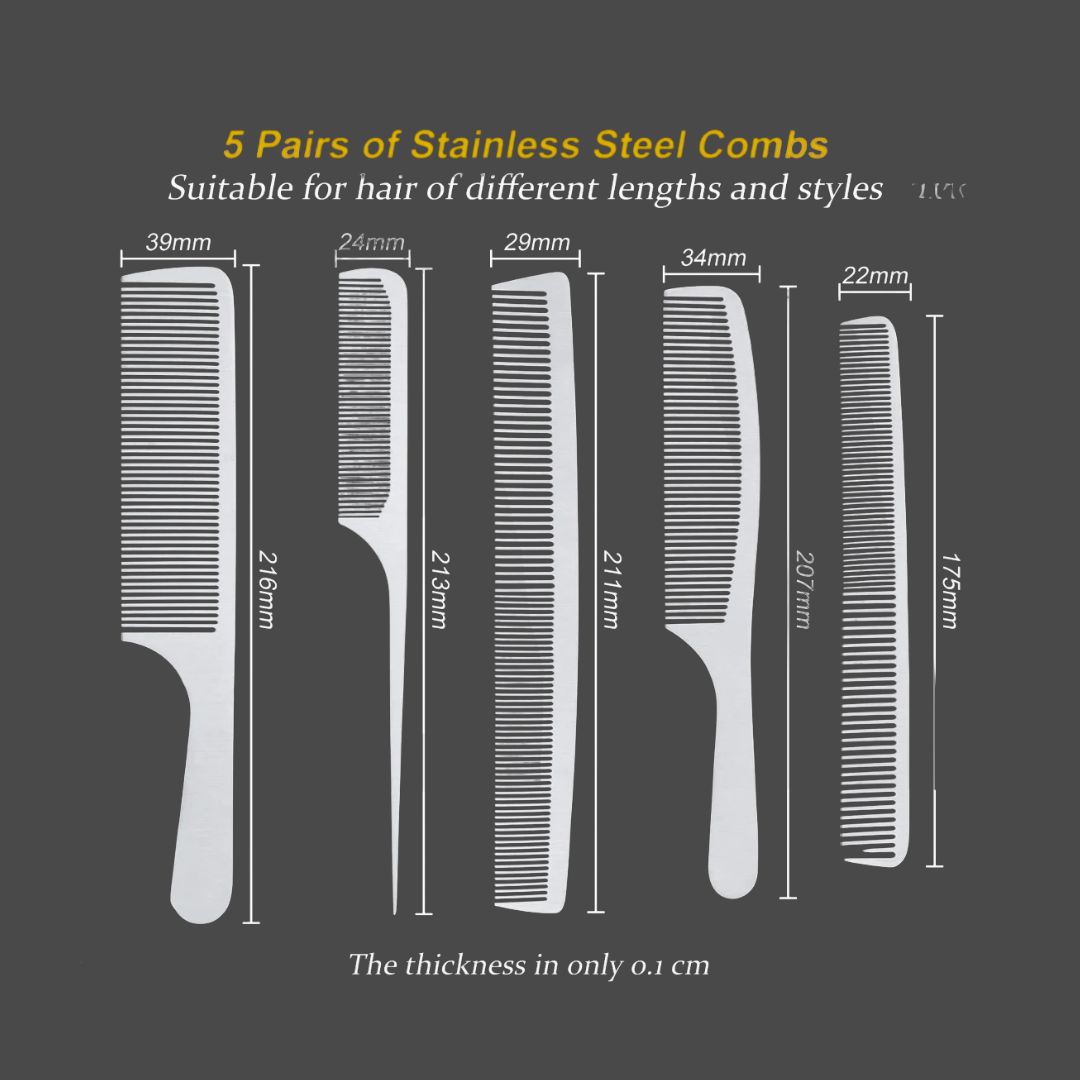 Shop the 5-Piece Stainless Steel Hair Cutting & Styling Comb Set by Kynea Surgical. Durable, rust-resistant, and professional-grade combs ideal for barbers and stylists.