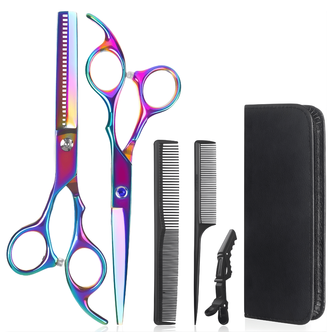 Professional Stainless Steel Hairdressing Scissors and Thinning Shears Set – 6.0 Inch Barber Scissor Kit with Black Comb, Thinning Comb, Hair Clip, and Presentation Case by Kynea Surgical