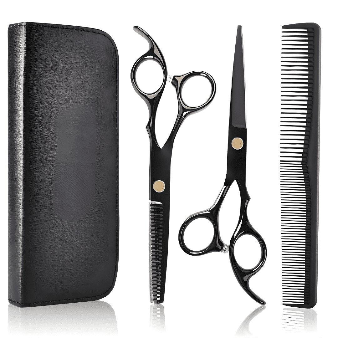 Black Stainless Steel Hairdressing Scissors and Thinning Shears Set – Professional 8-in-1 Barber Kit with Comb, Clips, and Leather Case by Kynea Surgical