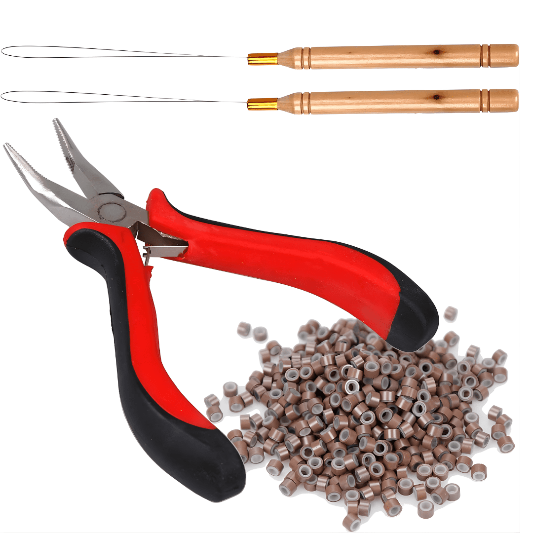 Professional Hair Extension Tools Kit with Ferronickel Pliers, Wooden Loop Threaders, and 500 Brown Silicone Nano Beads by Kynea Surgical