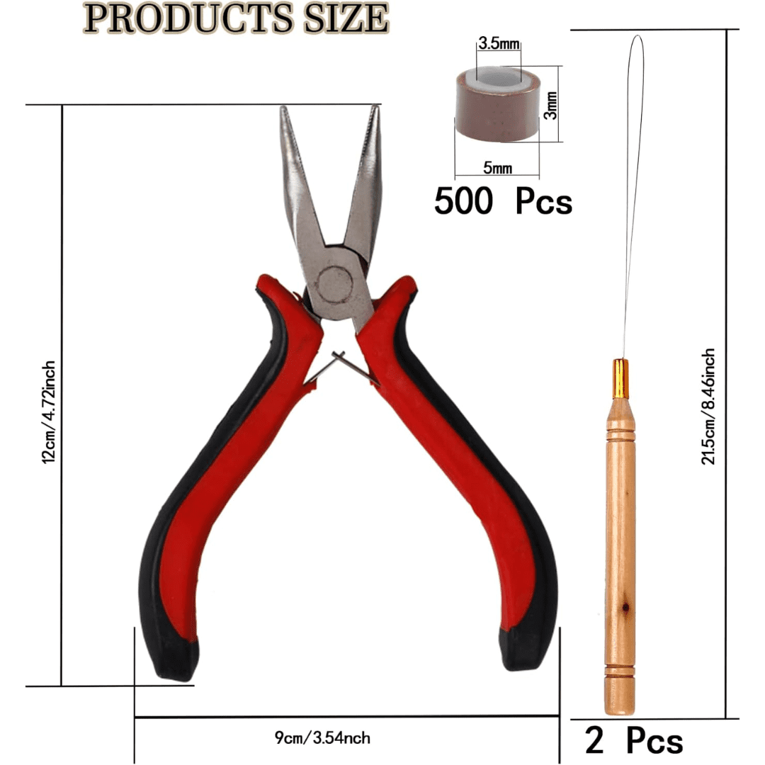 Professional Hair Extensions Tools Kit – Hair Extension Pliers, Loop Threaders & 500PCS Silicone Nano Beads (Brown) | Kynea Surgical