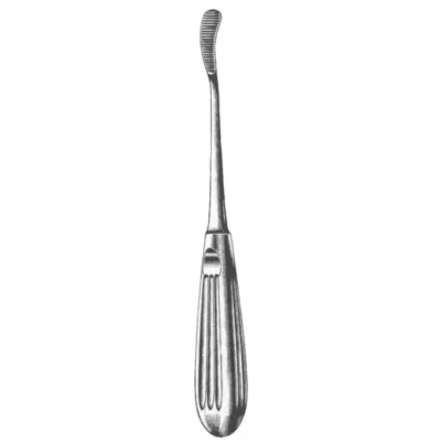 Aufricht Rasp 8 inch with 9mm curved tip and downcutting serrations surgical instrument on white background