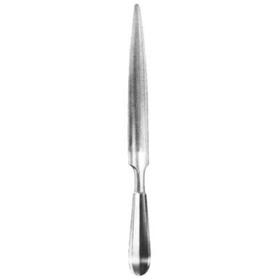 Bone File with 23mm convex/flat surfaces and tapered 6mm tip, surgical-grade stainless steel on white background