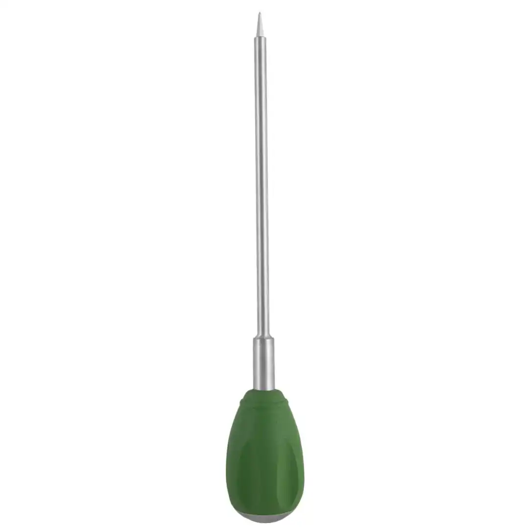 Lenke-style bone awl 9.5 inch with green silicone teardrop handle and diamond tip on white background