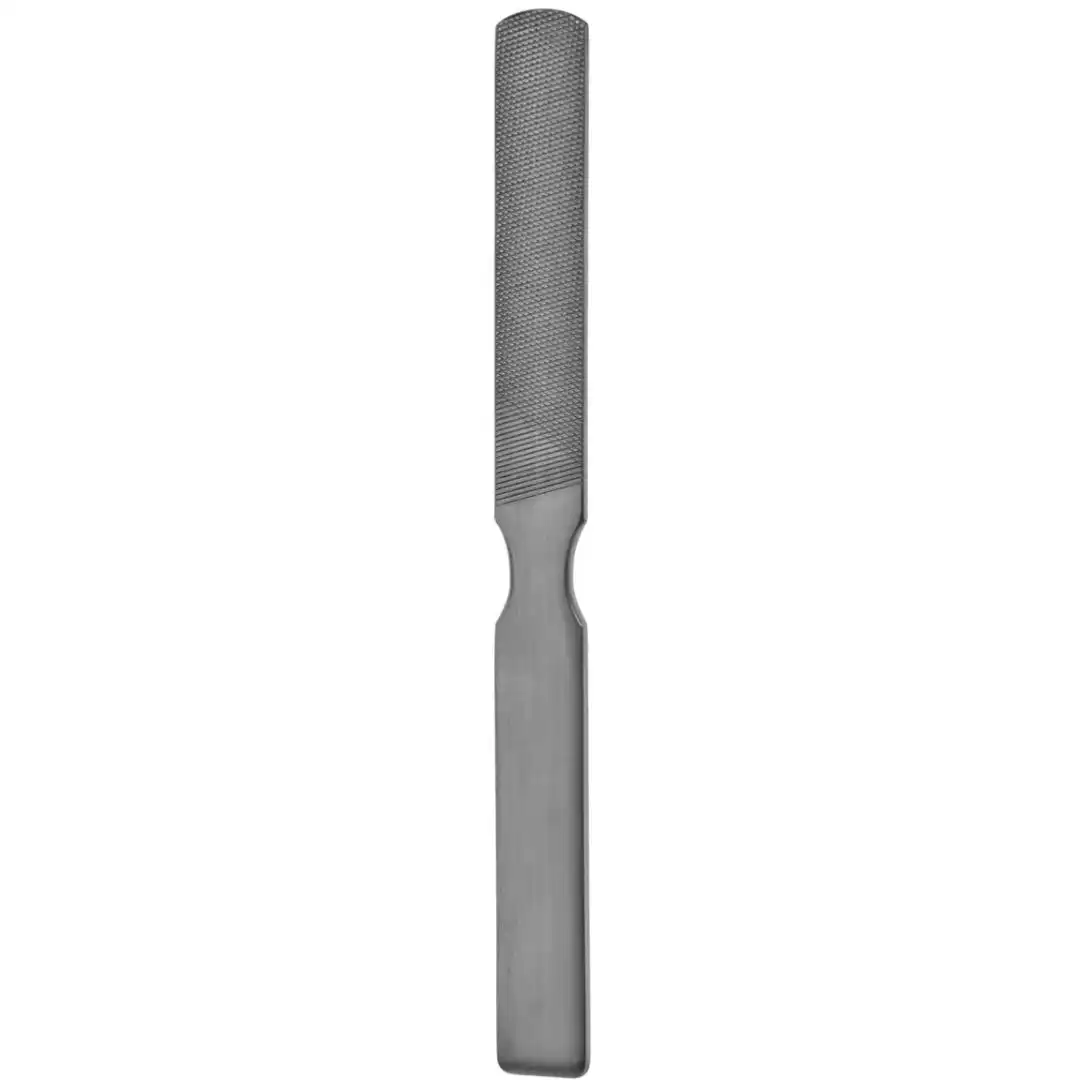 Bone File/Rasp 8.5-inch with 18mm fine and coarse serrations, dual-sided stainless steel surgical instrument on white background