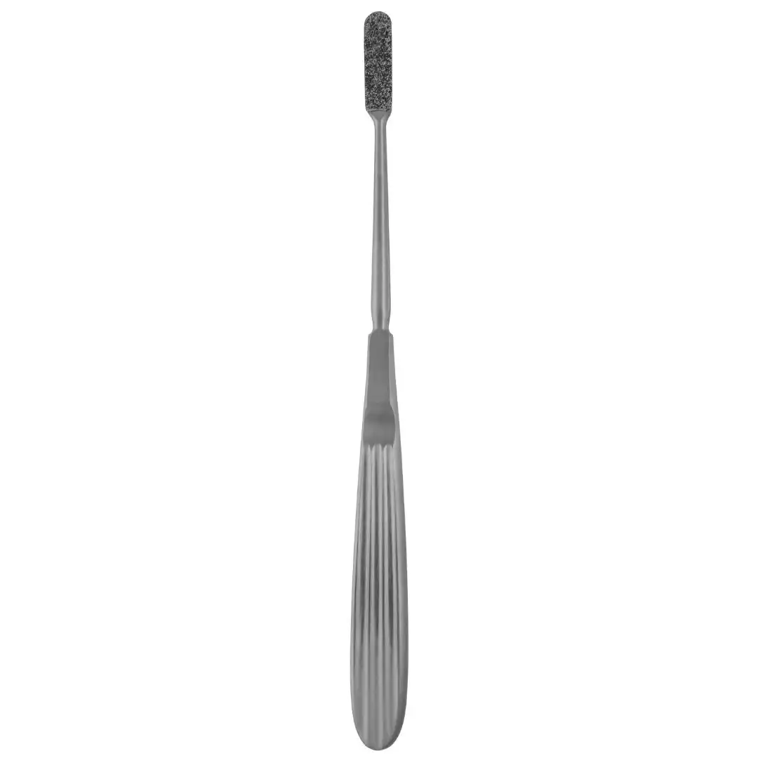 Diamond Nose Rasp – Single Ended 7 1/2″, 7mm x 25mm Curved surgical instrument on white background, Kynea Surgical