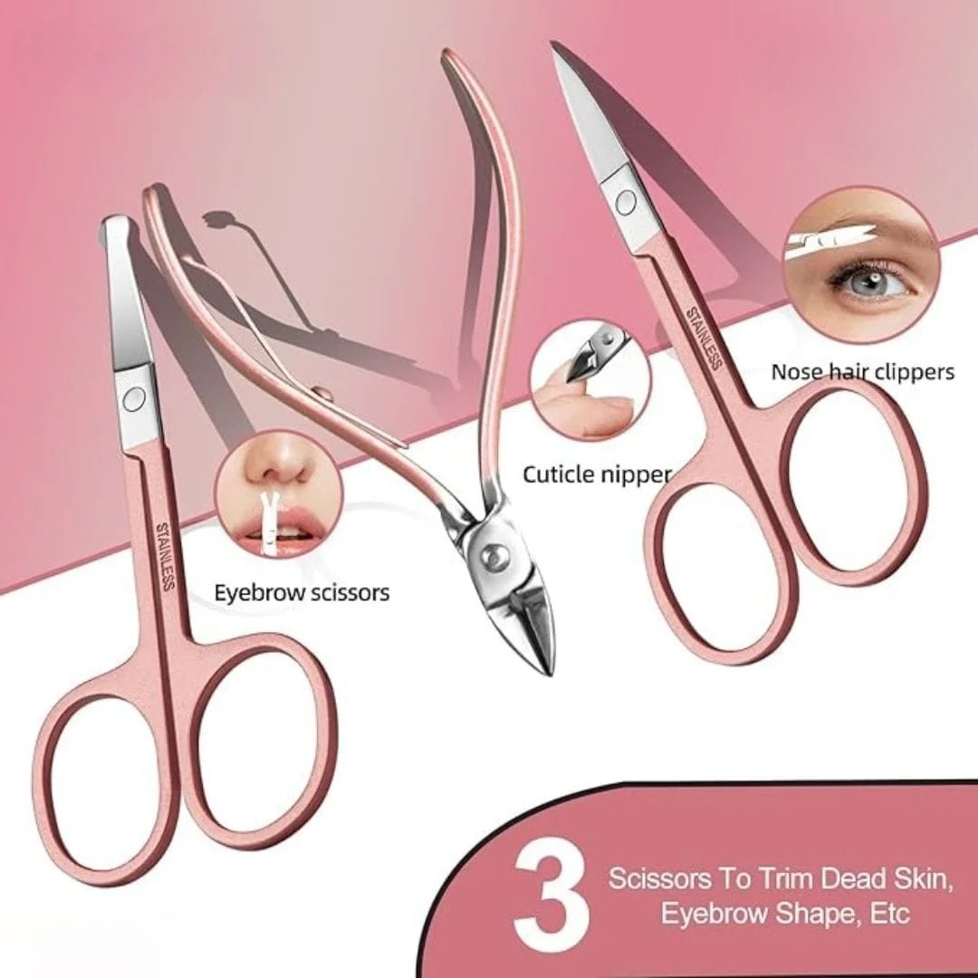 Shop the 30-in-1 Pink Manicure & Pedicure Set by Kynea Surgical. A complete stainless steel grooming kit in a compact pink travel case—ideal for home, salon, or travel use.