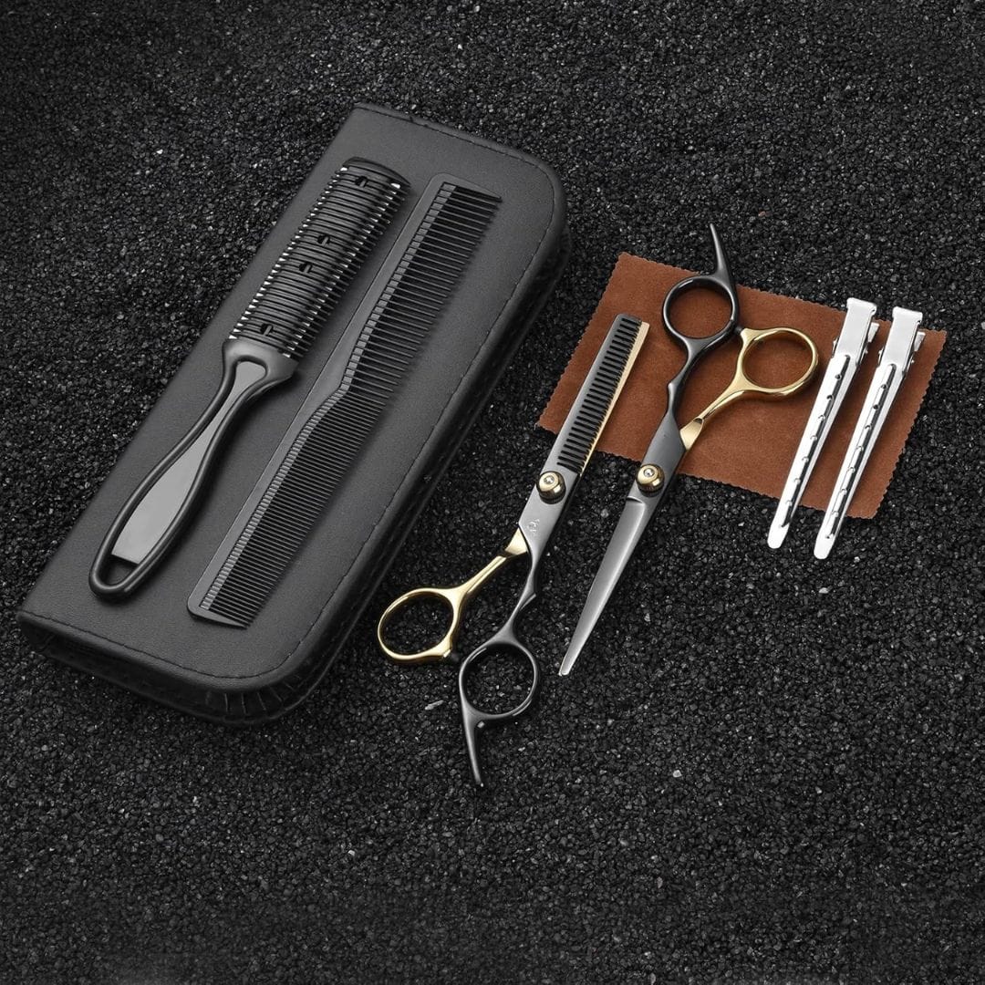 Ergonomic hair cutting scissors kit with adjustable tension and sharp blades