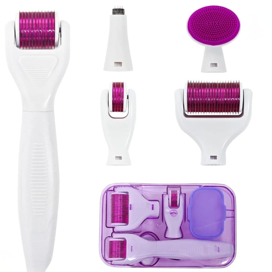 Kynea Surgical 6-in-1 derma roller microneedling kit with titanium heads for skin rejuvenation, hair regrowth, and beard care